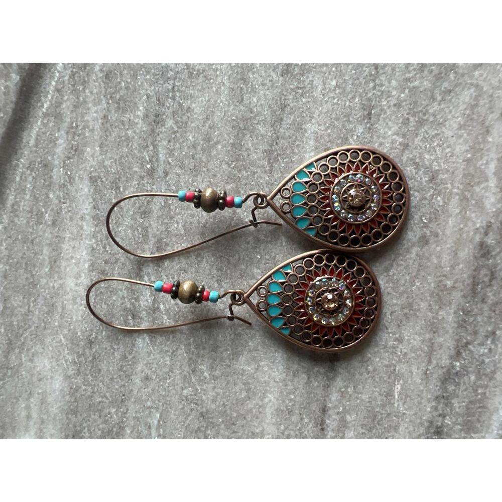 Vintage Bohemian Style Teardrop Earrings with Turquoise and Bead Accents